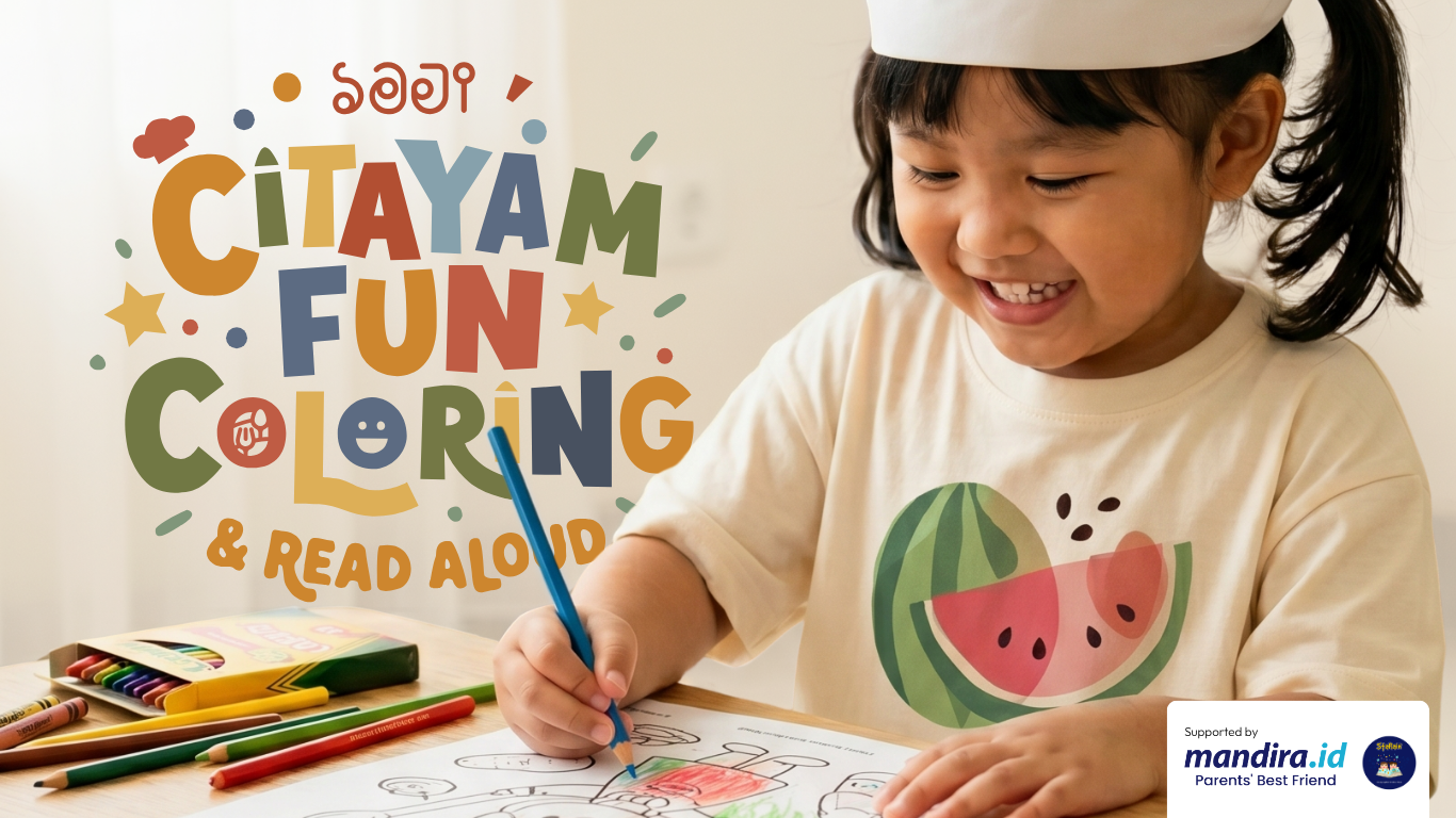 Anak perempuan toddler balita sedang antusias lomba mewarnai di Saji Resto & Cafe